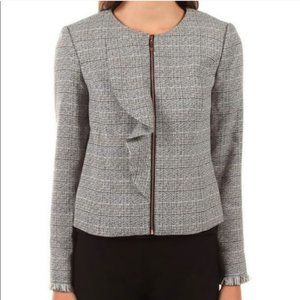 NWOT Size 6 Ivanka Trump Ruffle Zip Front Blazer Frayed Cuffs, Black & Gray